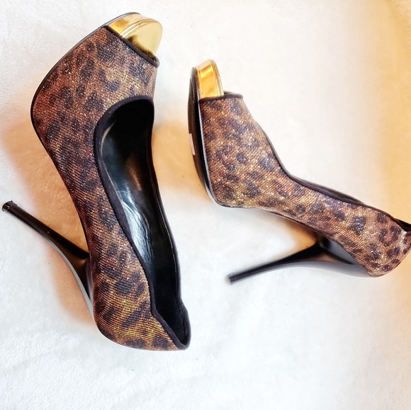 Nine West glitter gold bronze cheetah peep toe - Picture 3 of 5